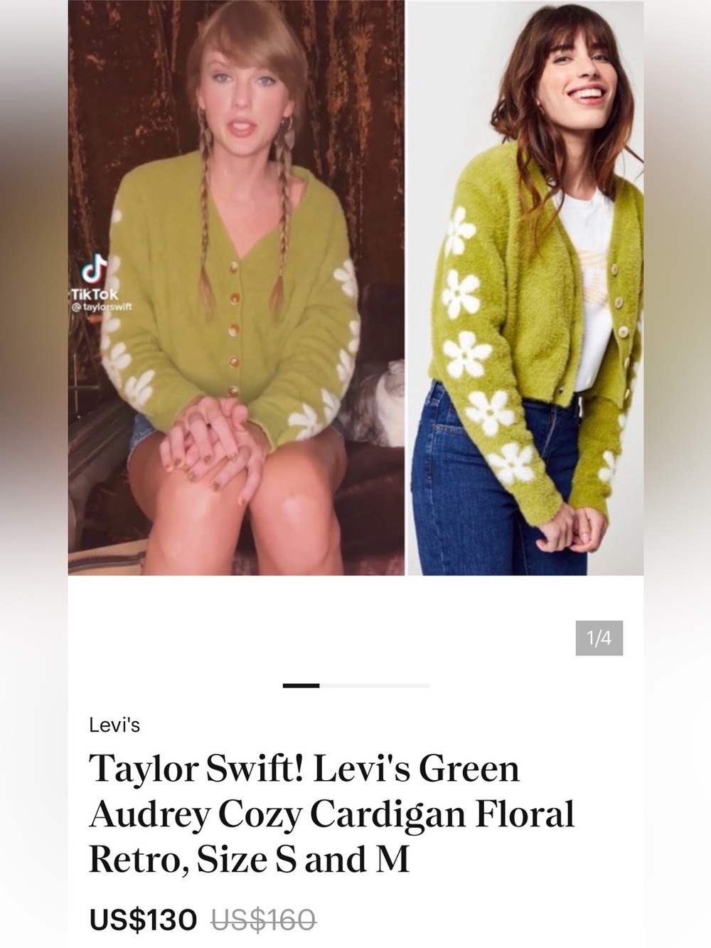 Taylor Swift Levi's Olive Green Fuzzy V-Neck Button Cardigan